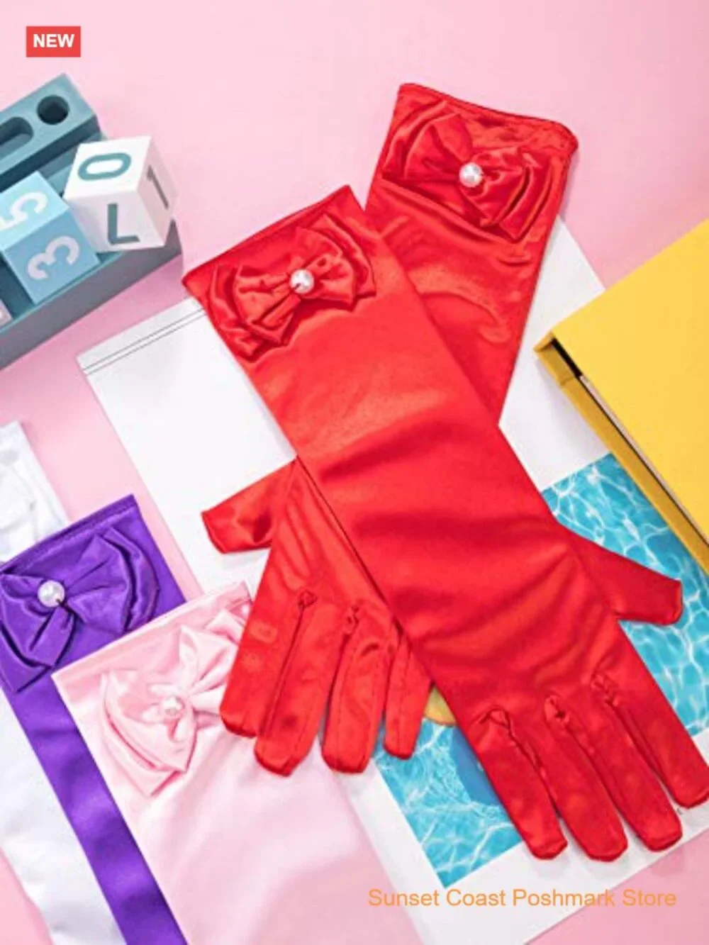 9 Pairs Satin Gloves Dress Up Princess Bows Long Formal Gloves for Girls